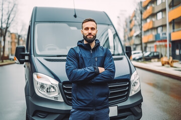 Delivery man standing in front of his van. Delivery man smiling and posing in front of delivery truck. Generative AI