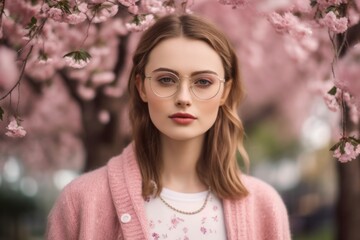 Environmental portrait photography of a glad girl in her 30s wearing a chic cardigan against a cherry blossom background. With generative AI technology