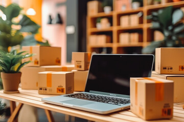 Laptop computer at workplace of start up small business. Packages and computer on table. Generative AI