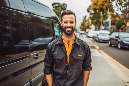 Delivery man standing in front of his van. Delivery man smiling and posing in front of delivery truck. Generative AI