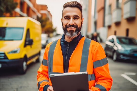 Happy courier man with tablet, signing for delivery confirmation. Delivery man standing in front of his delivery van, holding a package. Generative AI