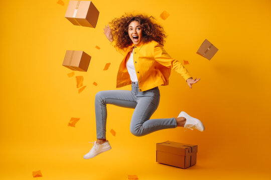 Jumping woman with cardboard box on color background.Happy woman receiving packages. Shopping concept. Generative AI