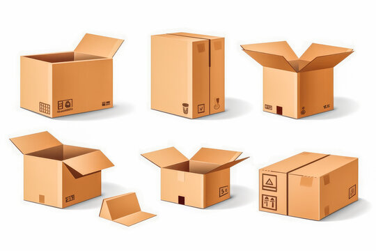 Open and closed recycle brown carton cardboard delivery packaging isolated on white background. Generative AI