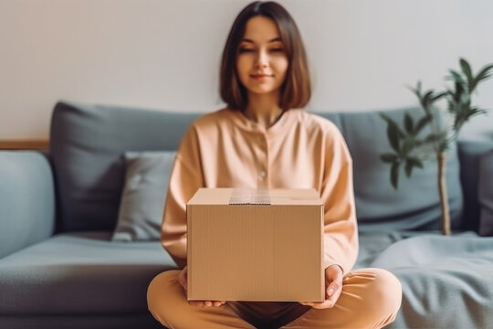 Woman holding cardboard box package sitting on sofa at home. Online shopping home delivery. Generative AI