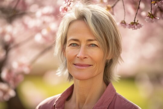 Environmental portrait photography of a satisfied mature woman wearing a casual t-shirt against a cherry blossom background. With generative AI technology
