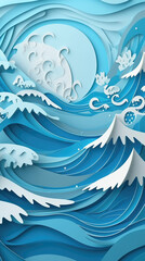 Fototapeta na wymiar a made out of paper illustration of an ocean scenery with big waves, generative ai technology