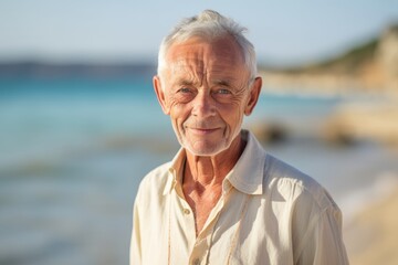 Medium shot portrait photography of a satisfied old man wearing a classy button-up shirt against a serene beach background. With generative AI technology