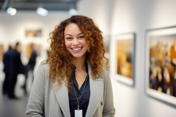 Environmental portrait photography of a happy girl in her 30s wearing a chic cardigan against a modern art gallery background. With generative AI technology
