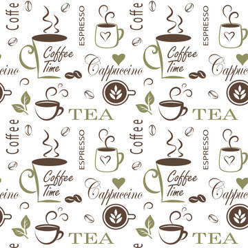Seamless vector pattern of coffee and tea cups on white background, decorative print for fabric, packaging, wallpaper, tablecloth.