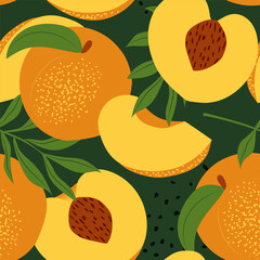 Peach vibes. Sweet pieces of fruit with leaves on a dark green background create a seamless pattern for summer textiles. Vector.