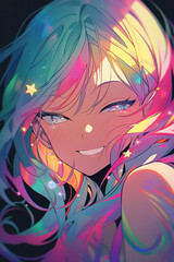 a cute rainbow colored anime girl smiling into camera, generative ai technology