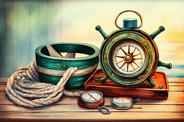 Fototapeta premium Anchor On Wooden Ship Deck Background - Travel / Leadership Concept. Generative Ai