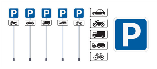 Vector Sets of Parking bays, Parking Lots guidance. Letter P Parking Symbol Sign for car, vehicle, motorbike, bicycle, truck. Essential guidance on parking signs. Vector. - obrazy, fototapety, plakaty