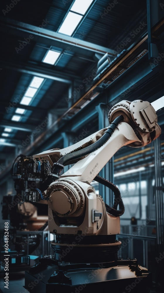 Poster A robotic arm in a factory setting. Generative AI image.