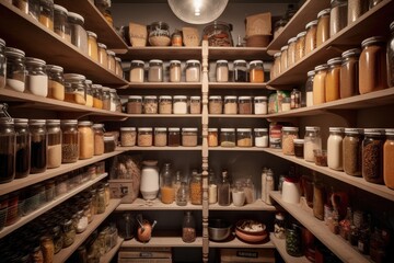 a pantry with a variety of food and spices arranged in neat and organized rows, created with generative ai - obrazy, fototapety, plakaty