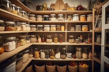 a pantry with shelves neatly arranged and a variety of foods stored, created with generative ai - obrazy, fototapety, plakaty