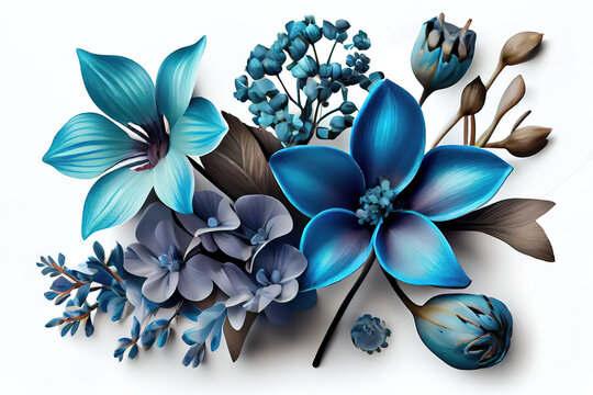 surreal exotic high quality blue flowers macro isolated on white. Generative Ai