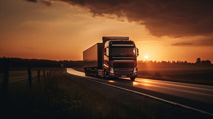 Loaded truck on motorway in sunset. Created with Generative AI technology.