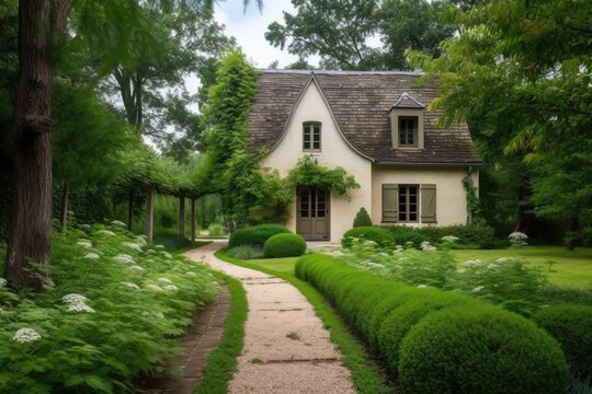 French Country House Exterior With Overgrown Lawn And Winding Path Leading To The Front Door, Created With Generative Ai