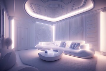 Neon illuminated white color luxury room with sofa. 3d illustration - generative ai
