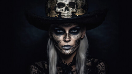 Under the moon's silver glow, a woman's face morphs into a ghostly spectacle, her skull makeup and top hat offering a hauntingly beautiful Halloween narrative. Generative AI - obrazy, fototapety, plakaty