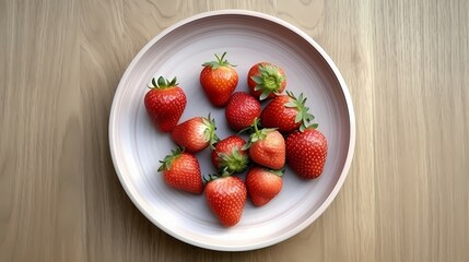 Fresh strawberries on a plate on wooden table. Generative AI