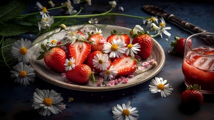 Fresh strawberries on a plate on wooden table. Generative AI