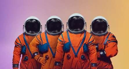 Astronauts in space suit on color background. Space crew of Artemis mission on Moon. Elements of this image furnished by NASA