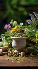 Commercial photography of a mortar with plants and seeds and flowers in the middle wooden table, shot on 35mm lens