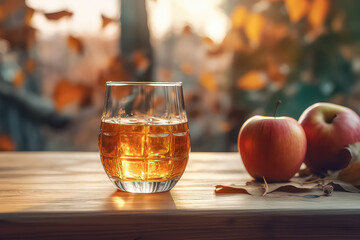 Apple cider vinegar in a glass bottle with fresh red apples, Ai