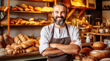 Fototapeta na wymiar Meet the happy baker, standing proudly in his bakery. Arms crossed, a smile shines on his face, with his creations lining the shelves behind him. Generative AI