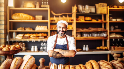 Meet the happy baker, standing proudly in his bakery. Arms crossed, a smile shines on his face, with his creations lining the shelves behind him. Generative AI