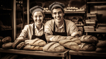 Obraz na płótnie Canvas Meet the happy baker, standing proudly in the bakery. Arms crossed, a smile shines on their face, with their creations lining the shelves behind him. Generative AI