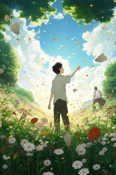 a man thinking about life in a big field of flowers, taking his chance, anime manga artwork, generative ai technology