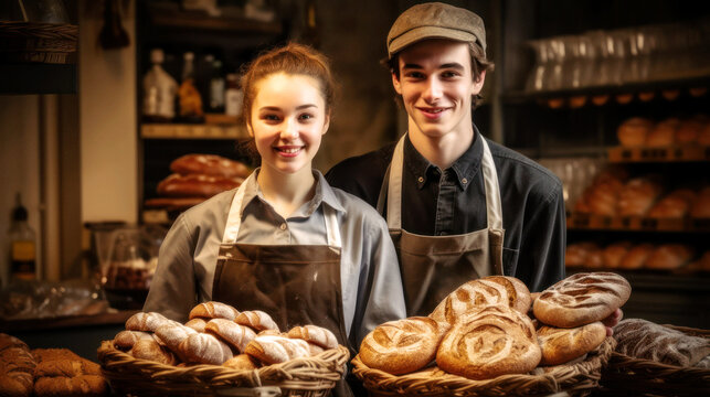 Meet the happy baker, standing proudly in the bakery. Arms crossed, a smile shines on their face, with their creations lining the shelves behind him. Generative AI