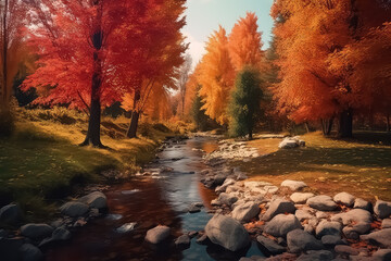 Autumn forest in ground landscape on autumnal background in November, AI