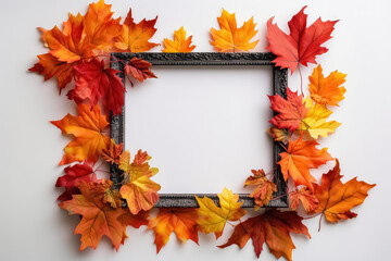 Photo frame with autumn leaves, thanksgiving day concept. AI