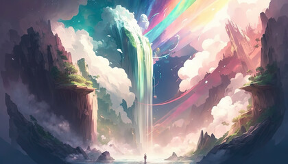 a colored fairytale inspired waterfall in an anime artwork, generative ai technology - obrazy, fototapety, plakaty