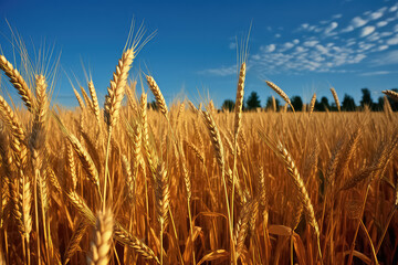 Yellow farming field with ripe wheat and blue sky, AI