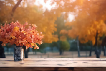 Naklejka na ściany i meble Autumn maple leaves on a wooden table. AI