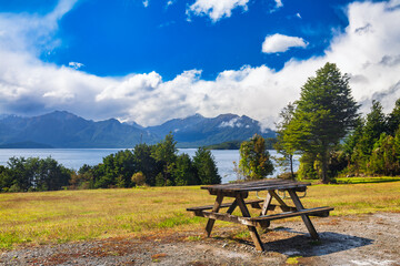 Picnic table overloking Manapouri Lake in Southland South Island New Zealand