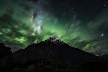Obraz na płótnie Canvas night sky, with aurora borealis and australis swirling above mountain peak, created with generative ai