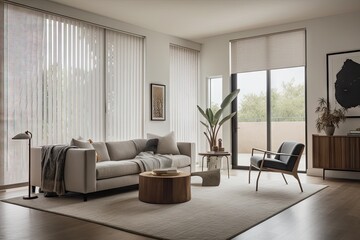 a sitting room with automated blinds, vertical shades, and roller shades to let in natural light, created with generative ai - 604856094