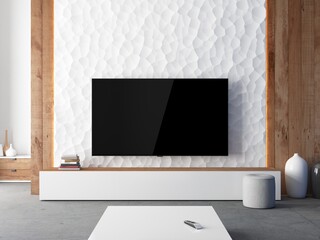 Smart Tv Mockup hanging on wall, living room. 3d rendering