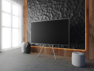 Smart Tv Mockup on metal stand in modern living room with black stone wall. 3d rendering