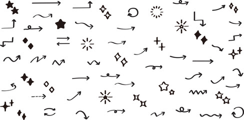 かわいい手書きの矢印・星・キラキラセット　   Set of hand drawn arrows and shining