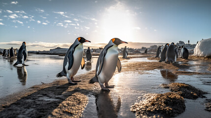 Fototapeta premium Three penguins walking on a rock