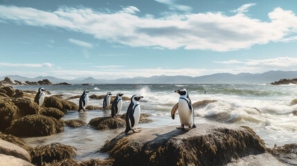Fototapeta premium Three penguins walking on a rock