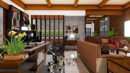 CEO office Interior Design, Brown color with bookshelves, modern style