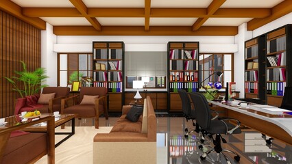 CEO office Interior Design, Brown color with bookshelves, modern style